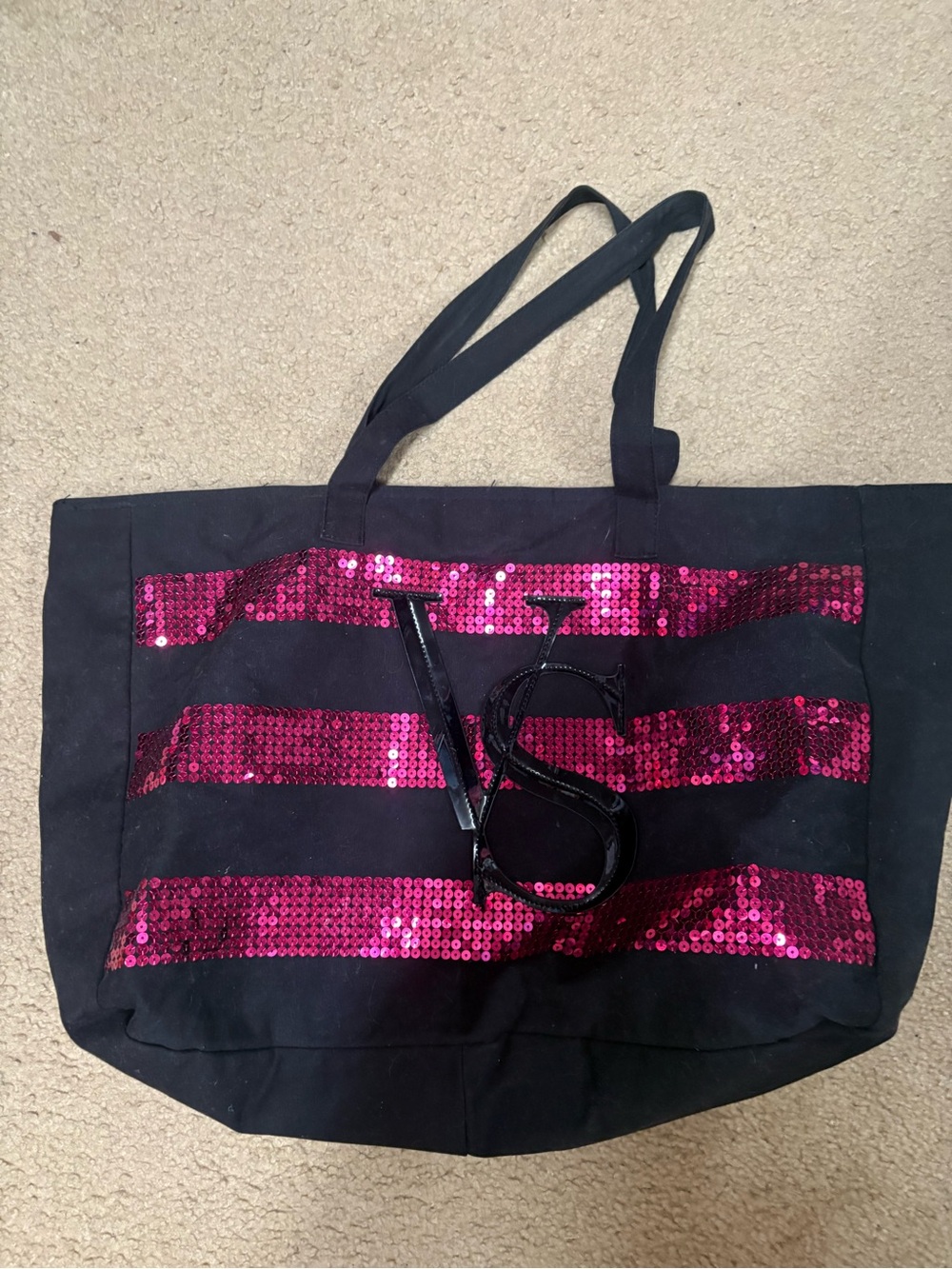 Victoria's Secret Black Tote with Fuchsia Sequin Stripes and VS Emblem